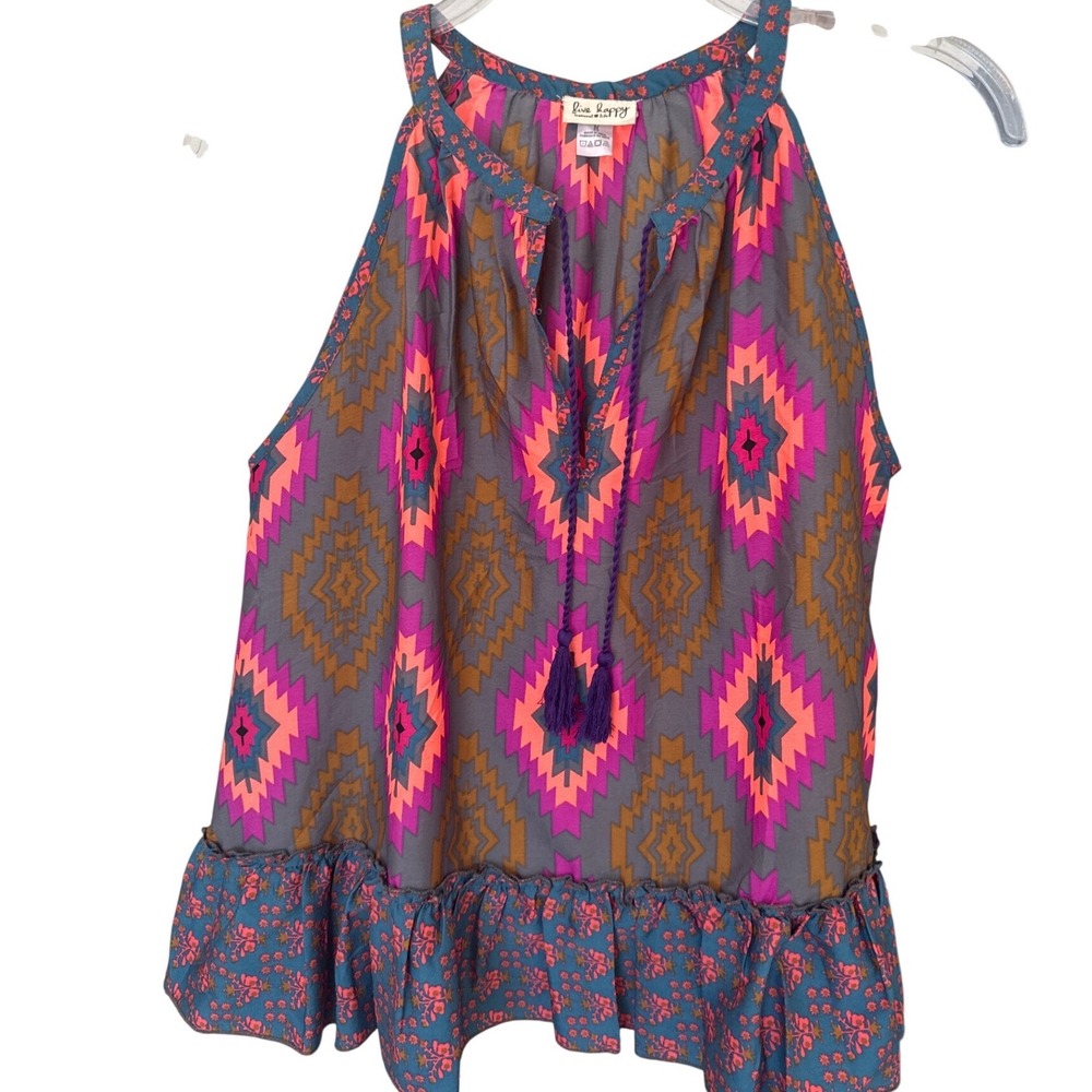 Live Happy Natural Life print halter top ruffle hem tassel ties size M